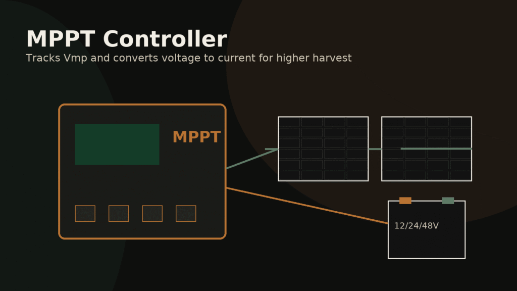 Panels → combiner/breaker → MPPT/PWM controller → battery bank wiring overview.